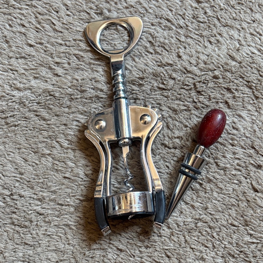 Silver Corkscrew and Wine Stopper Set